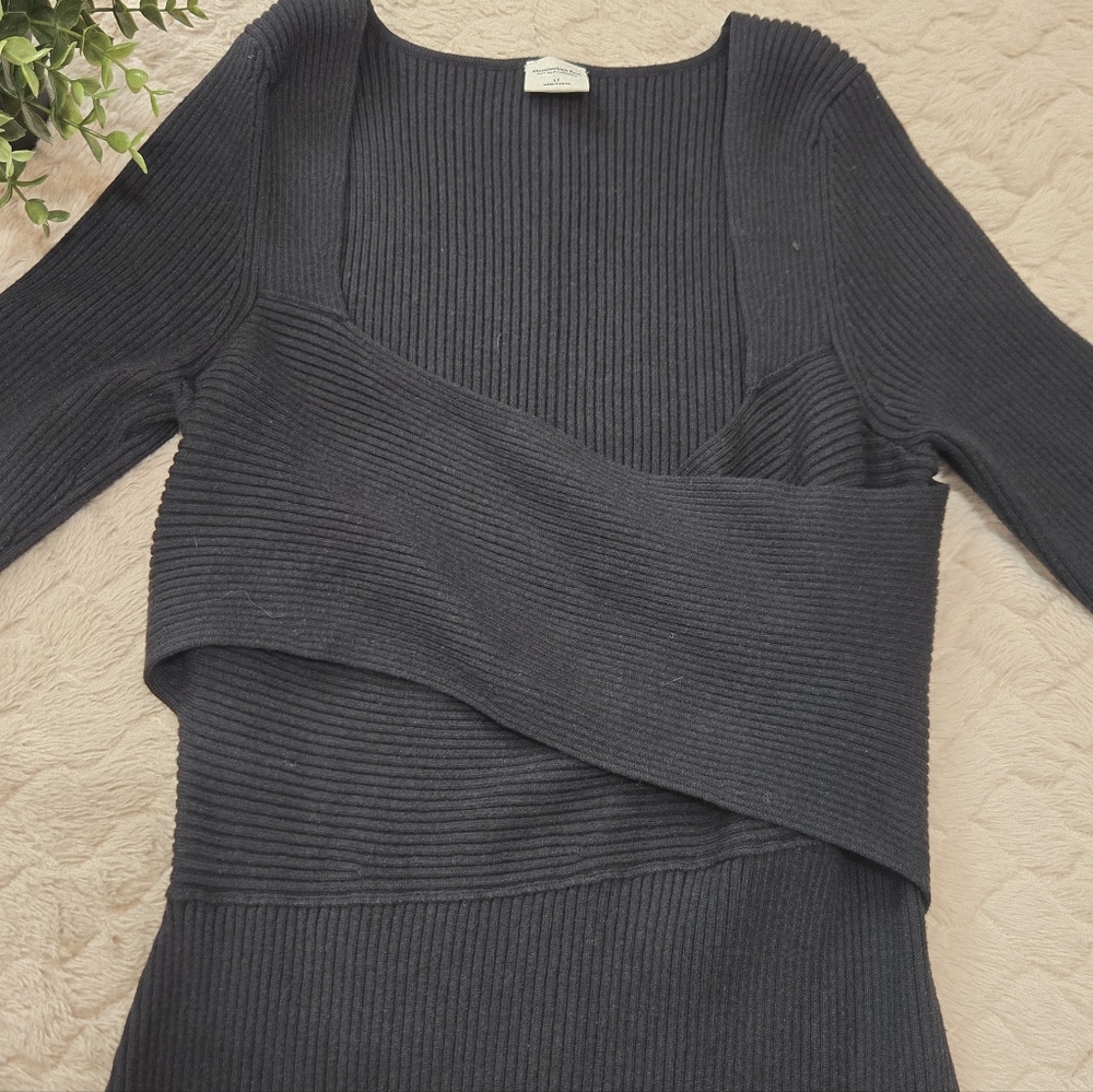 Abercrombie & Fitch Black Ribbed Crossover Front Sweater Mini-Dress, Size Large - Picture 6 of 11